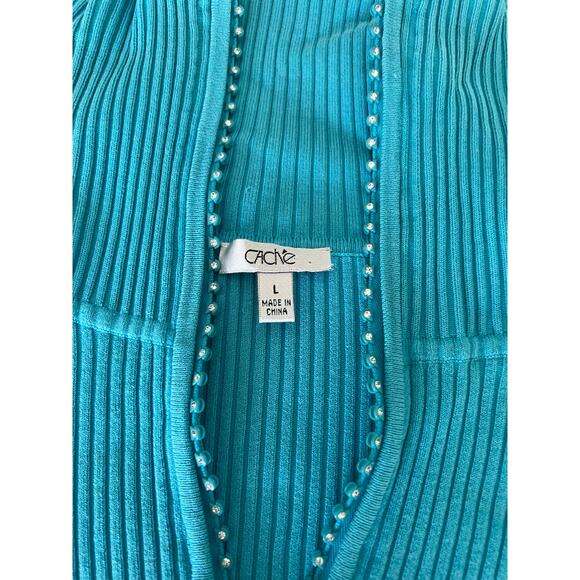 Cache- Cyan Blue Ribbed Knit Pullover Sweater Rhinestones Size Large - Picture 3 of 9